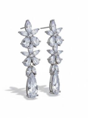 NWOT Azazie Crystal Floral Cluster Dangle Earrings | Silver Bridal/Bridesmaid